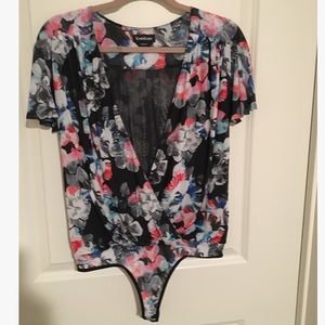 BEBE Black with colorful floral bodysuit